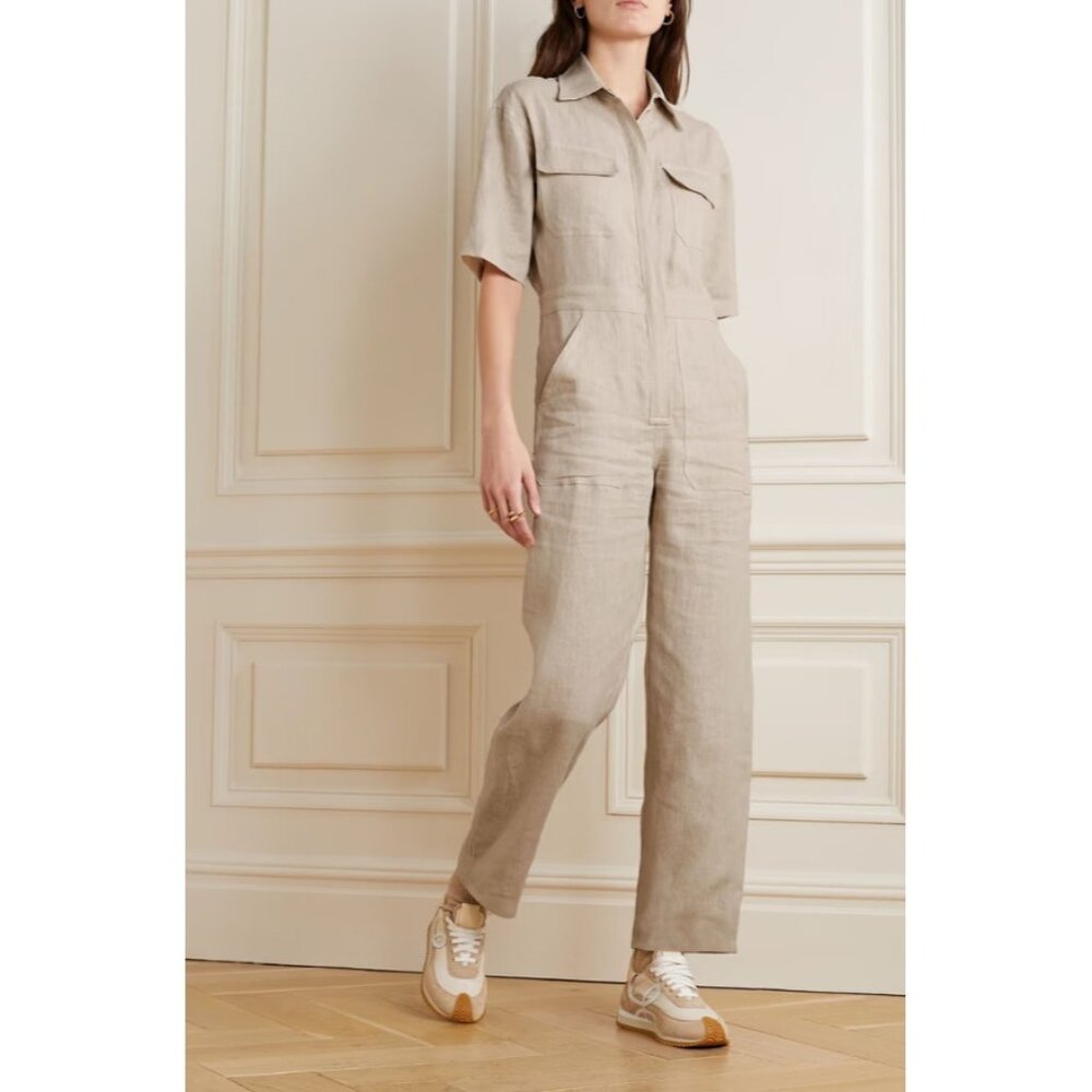 Rivet Utility Womens Dynamo Linen Jumpsuit Mid Weight Short‎ Sleeve Ecru Small